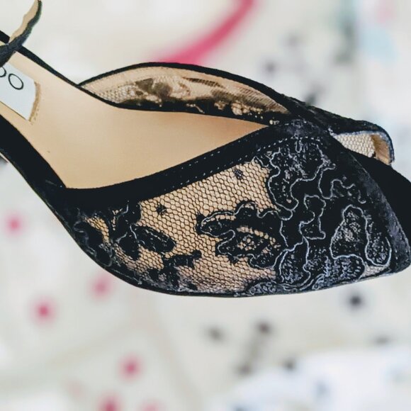 NWT, Jimmy Choo Sacora 85 Black Suede and Lace Peep Toe Ankle Strap Sandals - Picture 5 of 13